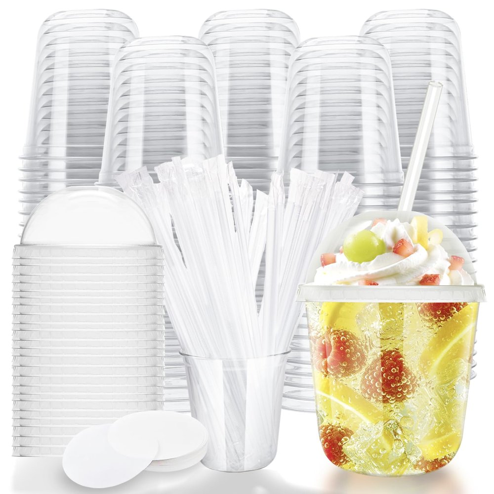 12oz Disposable Stemless Glasses With Dome Lids and Straws,PET Disposable Drinking Cups,Clear Plastic Wine Glasses for Parties Birthday,Wedding,Meeting,Christmas Party Supplies (100, Transparent)