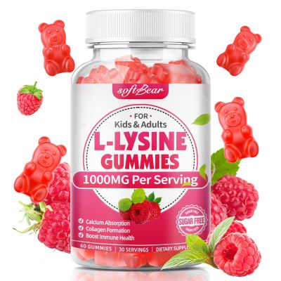 softbear L-Lysine Gummies for Adults & Kids, L Lysine 1000mg Chewable Lysine Supplement for Lips & Oral Health, Immune & Collagen Support, Vegan, Non GMO, Gluten-Free, Raspberry Flavor 60 Count