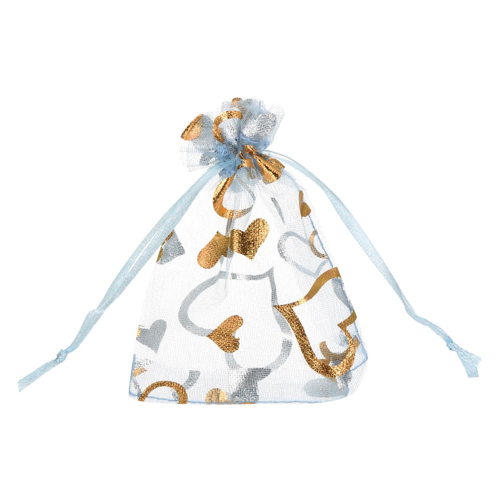 MECCANIXITY Organza Bag 2.8" x 3.5", Sheer Heart Mesh Bags Drawstring Gift Bags Bulk Party Favor Bag Jewelry Pouches for Wedding Candy Valentines (Light Blue-Gold, Pack of 50)