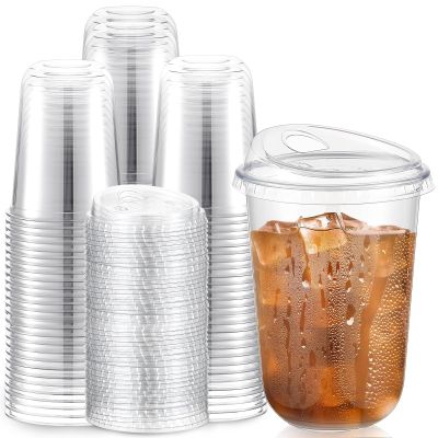 Baderke 100 Pcs Plastic Cups with Sip Lids Round Bottom Disposable Plastic Coffee Cups with Lids Clear Strawless Crystal Mugs for Iced Coffee Smoothie Cold Beverage Party Catering Supplies (16 oz)