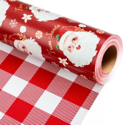 Burymento Red Christmas Wrapping Paper, Reversible Red Santa, Grid Design Gift Wrapping Paper Suitable for Christmas, Mini Roll (17 Inch X 32.8 Feet)