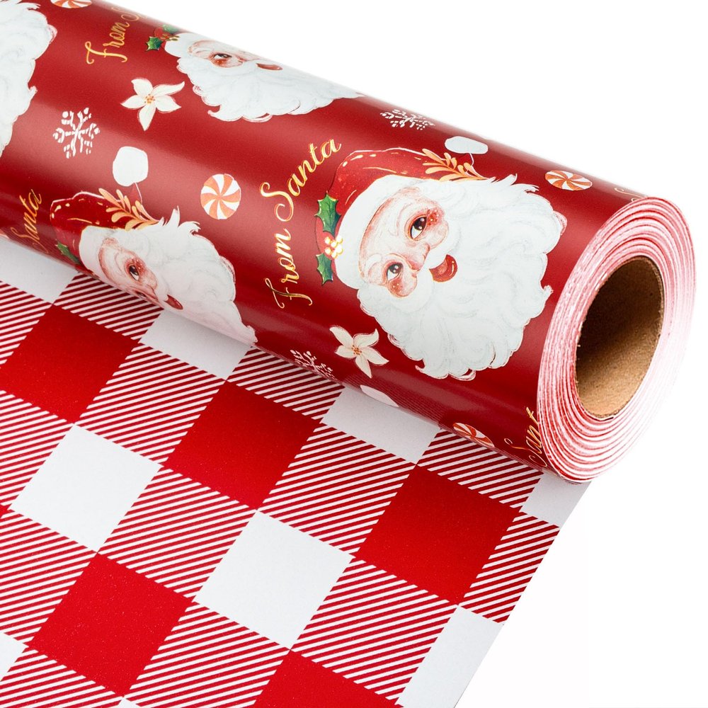 Burymento Red Christmas Wrapping Paper, Reversible Red Santa, Grid Design Gift Wrapping Paper Suitable for Christmas, Mini Roll (17 Inch X 32.8 Feet)