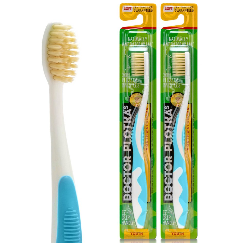 MOUTHWATCHERS Soft Childrens Flossing Manual Toothbrush, Set of 2, Blue Toothbrushes for Kids & Teens, Ultra Clean, by Dr. Plotka's