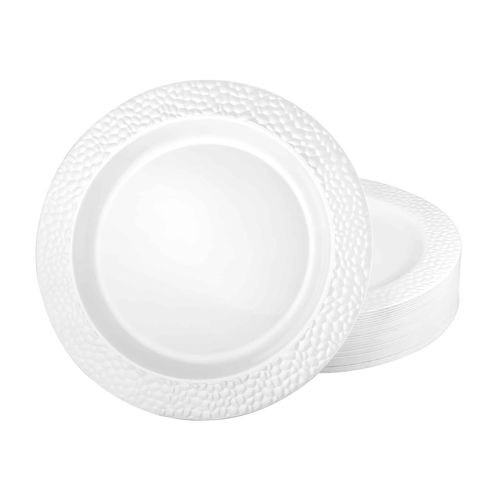 EcoQuality 7.5 Inches White Pearl Plastic Round Salad Plate Pebble Design Elegant Disposable Dinnerware for Weddings, Parties, and Events Durable, Stylish, and Reusable Tableware (30)