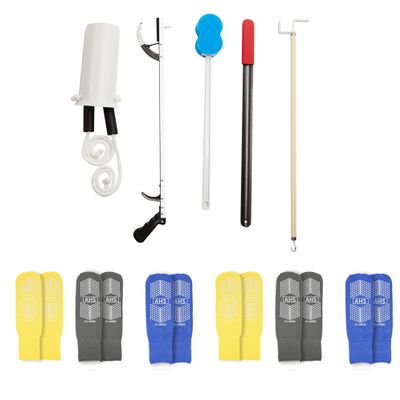 AHS 6-Piece Hip Knee Replacement Kit | Stocking Aid, Reacher, Sponge Rod, Shoehorn, Hook | 6-Pack of Assorted Color Hospital Socks (XL Large) | 1 Kit