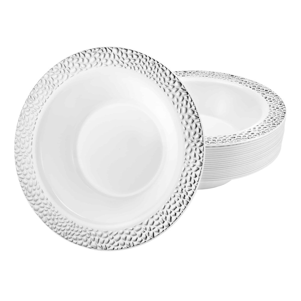 14oz Silver Round Plastic Plastic Bowl Pebble Design - Elegant Disposable Serving Bowl for Weddings, Parties, and Special Events - Durable, Reusable Tableware - Perfect for Catering and Buffets (50)