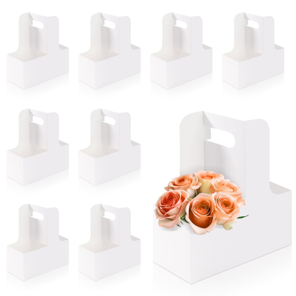 Bakbania 2 Cup Drink Carrier with Handle,20 Pack Paperboard Cup Holder,Rectangle Floral Wrap Packing Boxes Flower Gift Bags for Hot and Cold Drink Holder,Food Delivery(White)