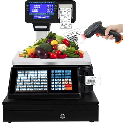 ZOCWJK Label Printing Scales, Commercial Digital Price Computing Scale with Double-Sided Pole Display Electronic Balance Label Printing Scale Cash Register (Gun+Cash Box