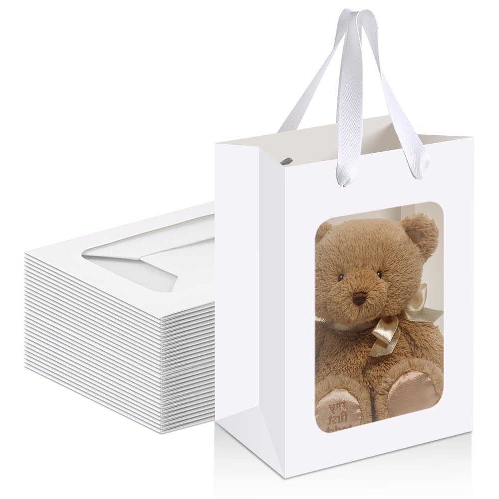 Bakbania 24 Pack Paper Gift Bags with Window,9.8 x 7.1 x 5.1 Inch Kraft Shopping Bouquet Gift Bags with Handle for Birthday, Weddings, Festival Party(White)