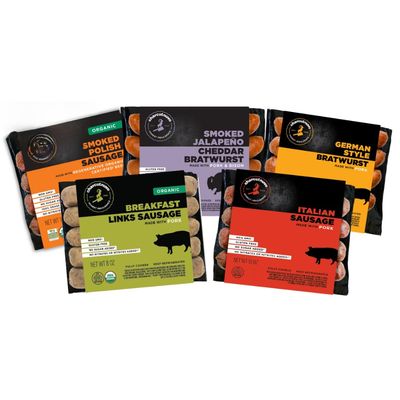 Charcutnuvo Camping Bundle 5 Pack Smoked Pork & Bison Jalapeno Cheddar, Organic Pork Breakfast Links, ROC Fresh Polish, Cooked Italian, German Style