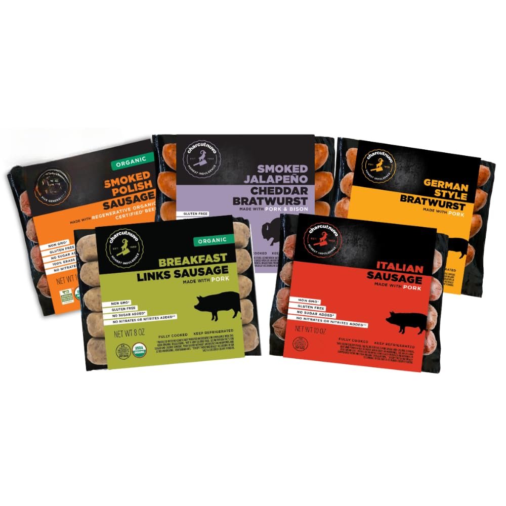 Charcutnuvo Camping Bundle 5 Pack Smoked Pork & Bison Jalapeno Cheddar, Organic Pork Breakfast Links, ROC Fresh Polish, Cooked Italian, German Style