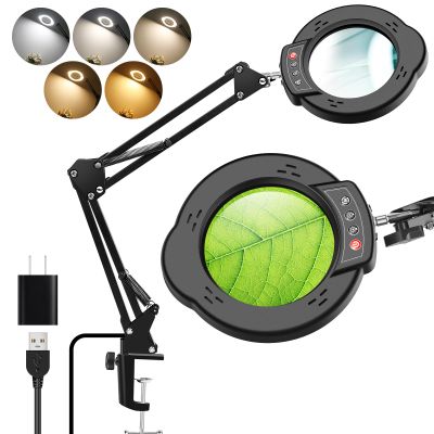 10X Magnifying Glass with Light and ClampReal Glass Lens 5 Color Modes Dimmable LED Lighted Magnifier with Swing Arm Hands Free Magnifying Desk Lamp for Crafts Sewing Painting Reading Close Work