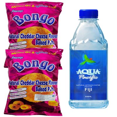 Combo Deal - Bongo Cheese Snack Puffs, Natural Bottled Water (2 Pack x 156g / 500 mL Bottle Water) Favorite Goodness Pacific Islanders HALAL