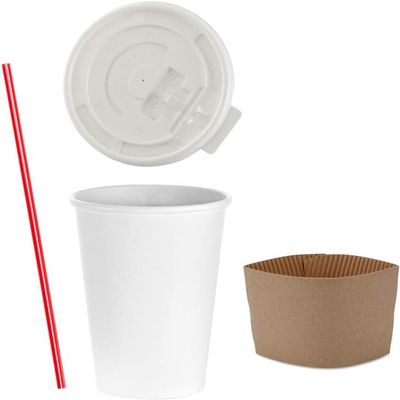 20 oz Disposable Coffee Cups with Flat Lids and Sleeves Combo BONUS - Stirrers White Paper Hot Cups with Lids (1000 Sets)