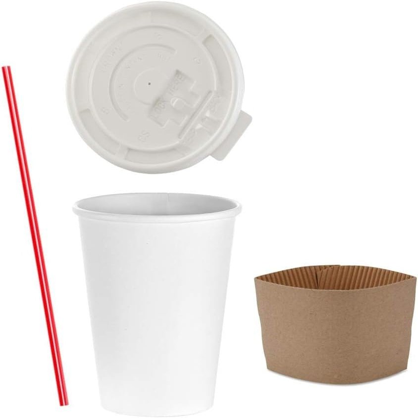 20 oz Disposable Coffee Cups with Flat Lids and Sleeves Combo BONUS - Stirrers White Paper Hot Cups with Lids (1000 Sets)