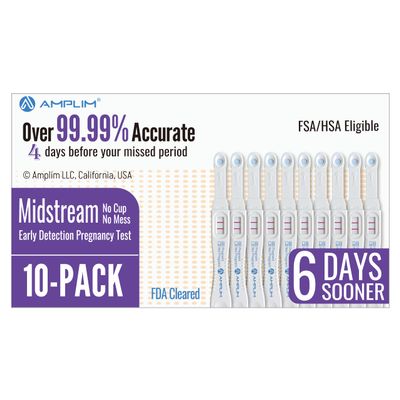 Amplim Midstream Pregnancy Test Stick, HCG Early Detection 6-Days Sooner, Extra Sensitive 10 MIU/mL 99.99% Accurate Result, 2-Sec Easy Home Tests, 10 Pack