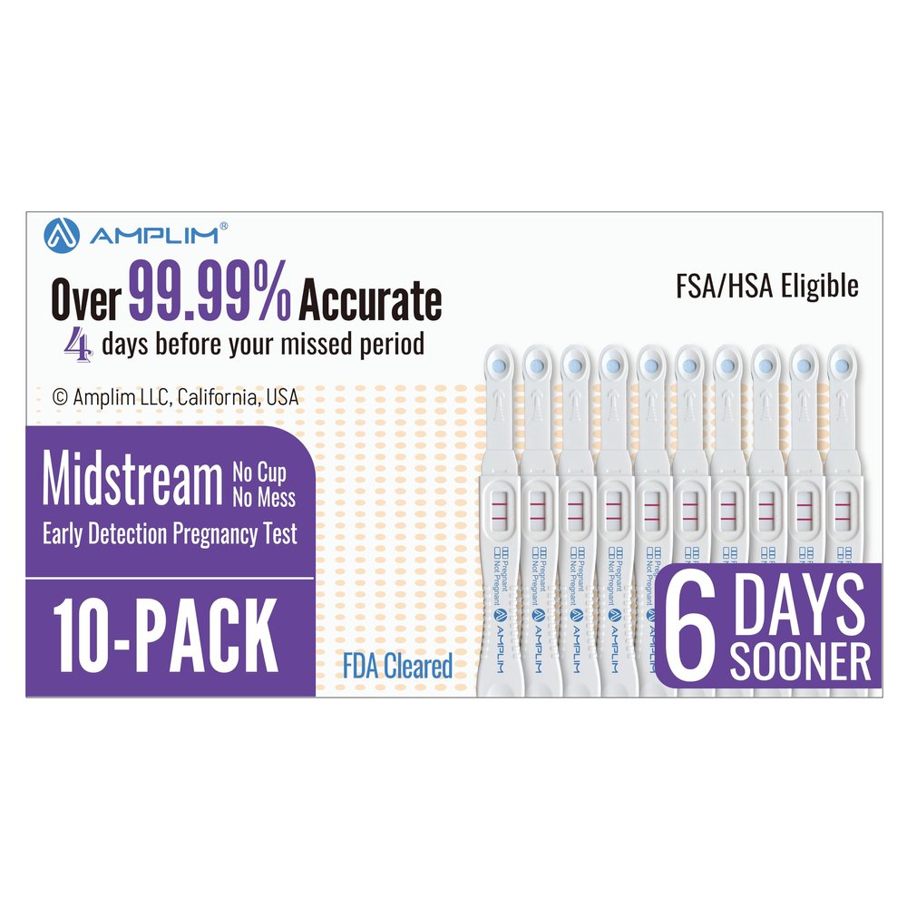 Amplim Midstream Pregnancy Test Stick, HCG Early Detection 6-Days Sooner, Extra Sensitive 10 MIU/mL 99.99% Accurate Result, 2-Sec Easy Home Tests, 10 Pack