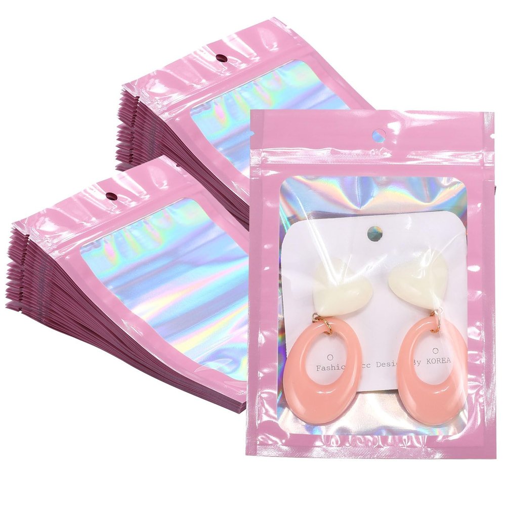 100Pcs Holographic Packaging Bags 4x6 Inch Resealable Foil Mylar Bags for Small Business Party Favor Pouch Packaging and Sample Storage (Pink)