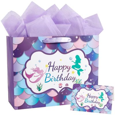 SOFPLATE 1 Set Mermaid Party Bags Unisex Scale Gift Bag 13x10.2x4.7in Large Purple Ocean Themed Dreamlike 1Pc Card 3 Sheets Wrapping Paper Birthday Packet for Party Favors Shower Present Supplies
