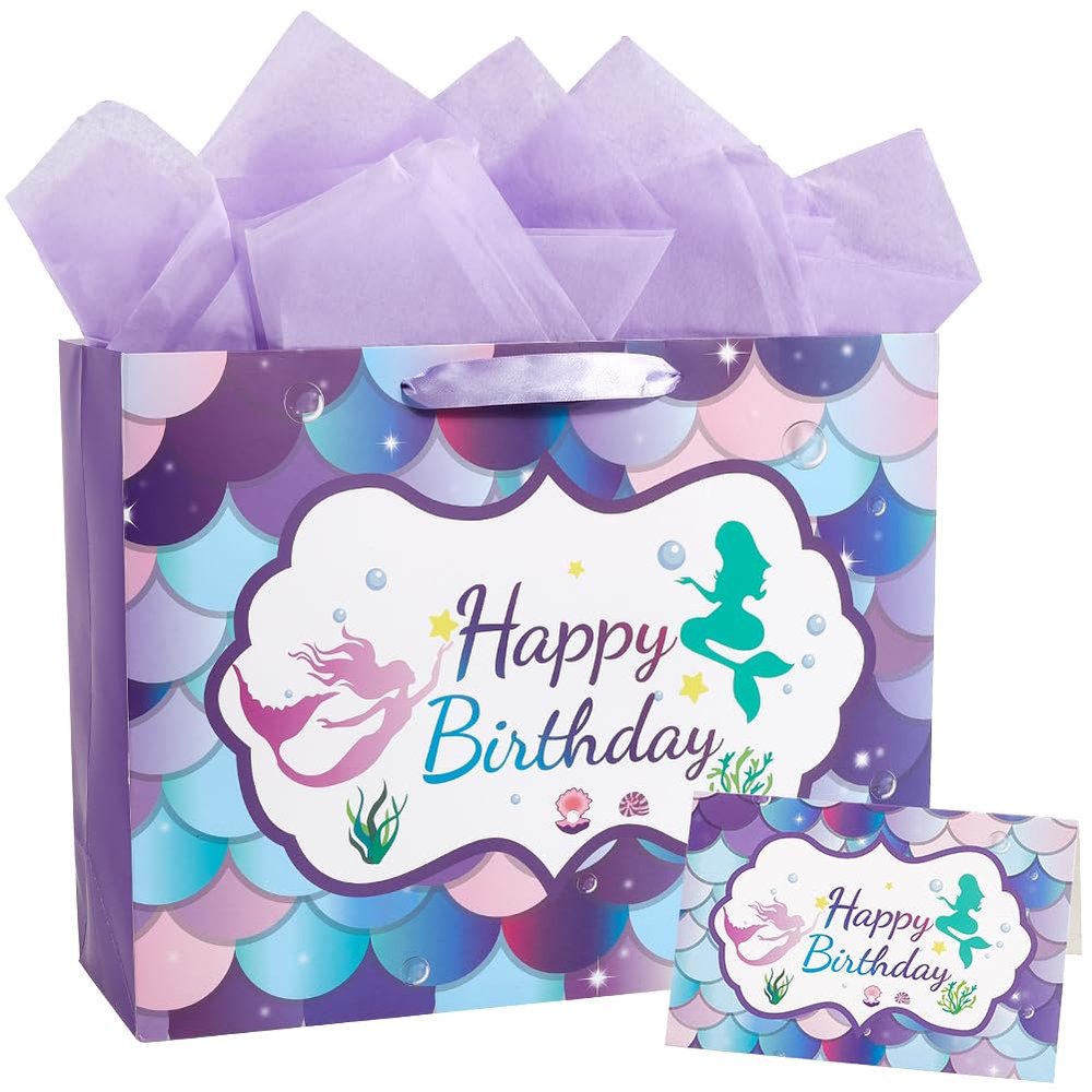 SOFPLATE 1 Set Mermaid Party Bags Unisex Scale Gift Bag 13x10.2x4.7in Large Purple Ocean Themed Dreamlike 1Pc Card 3 Sheets Wrapping Paper Birthday Packet for Party Favors Shower Present Supplies