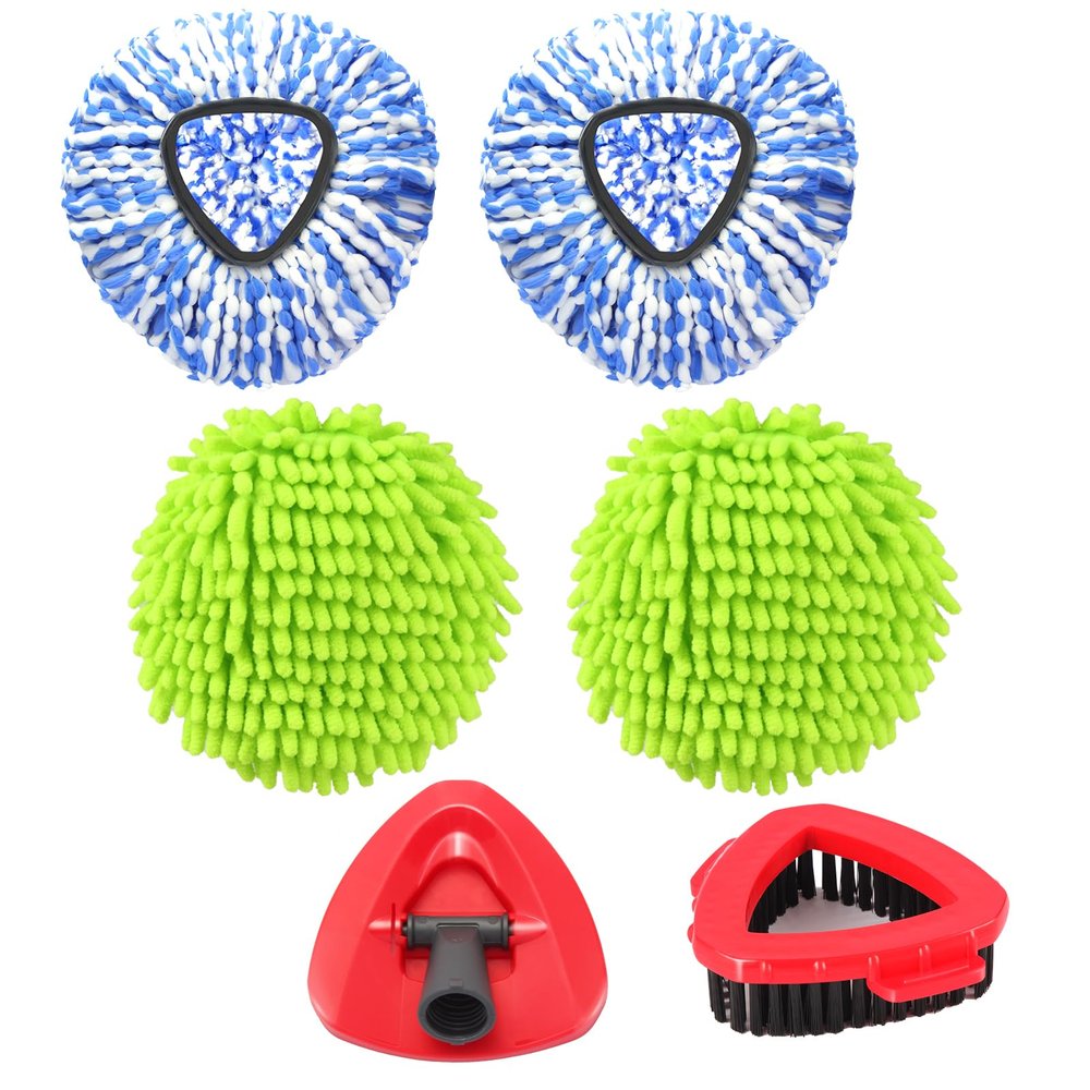 Mop Heads Replacements for OCedar RinseClean 2 Tank Spin Mop System, Mop Replace Head with 2 Microfiber Mop Head Refills, 2 Chenille Mop Pads,1 Scrub Brush, and 1 Mop Base Set Combo