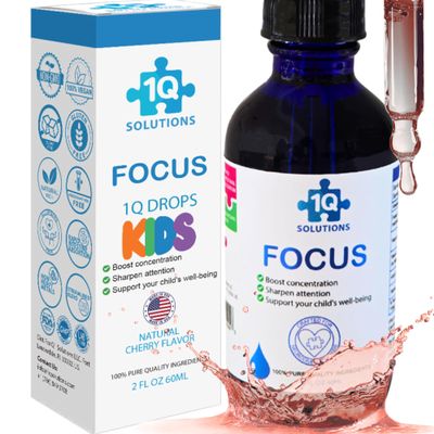 1Q Focus Liquid Cognitive & Brain Support Natural Drops for Kids | Acetyl L-Carnitine + B1, B6, B12 & Folate | Sugar-Free, Vegan, Non-GMO, Gluten-Free | Advanced Absorption | 2 fl oz 30 Servings