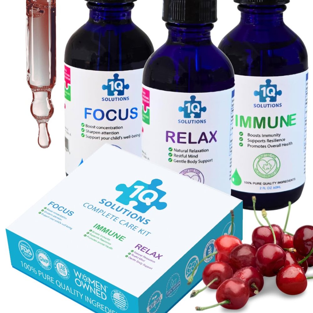 1Q Kids All-in-One Health Kit | Focus, Better Sleep & Mood, and Immune Support| 3 Liquid Supplements| 100% Natural, Sugar-Free, Vegan, Gluten-Free, Non-GMO | Easy-to-Take| 3 x 2 fl oz Bottles