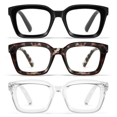 Celng Oversized Reading Glasses for Women - 3 Pack Square Blue Light Readers with Spring Hinge (Black+Leopard+Transparent, 1.0, Diopters)