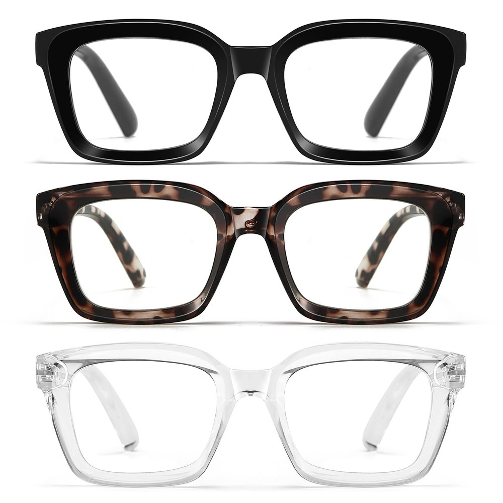 Celng Oversized Reading Glasses for Women - 3 Pack Square Blue Light Readers with Spring Hinge (Black+Leopard+Transparent, 1.0, Diopters)