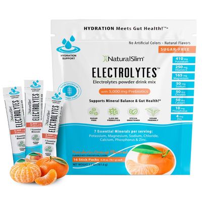 NaturalSlim Hydration & Energy Drink Mix with Prebiotics, Gut Health Support, Sugar-Free Electrolytes Powder Packets, 16 Stick Packs Mandarin Orange