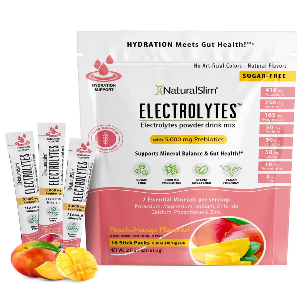 NaturalSlim Hydration & Energy Drink Mix with Prebiotics, Gut Health Support, Sugar-Free Electrolytes Powder Packets, 16 Stick Packs Peach Mango