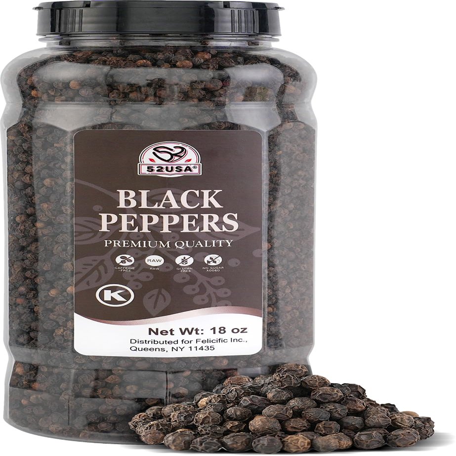 52USA Whole Black Peppercorns, 18oz (Pack of 1), Peppercorns for Grinder Refill, Gluten-Free, Kosher, Non-GMO, All Natural Black Pepper, Perfect for Cooking & Seasoning