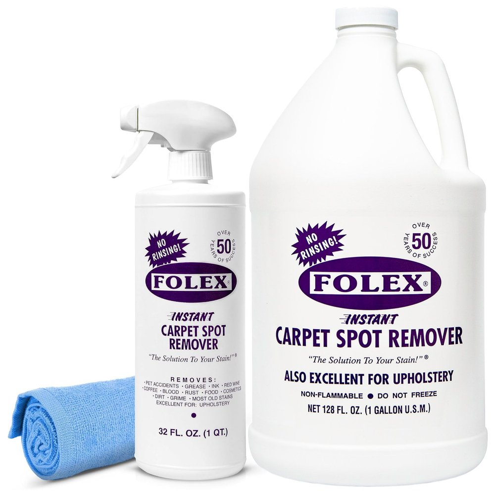 FOLEX 32 oz Instant Carpet Spot Remover Carpet Cleaner with Reusable Cleaning Cloth - Removes Pet Accidents, Grease, Red Wine and More (1 Pack + Refill)