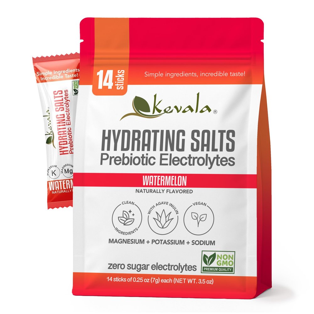 kevala Electrolytes Watermelon Powder Packets | Sugar Free Drink Mix Packets with Prebiotics, Potassium & Salt Electrolytes | Keto Hydration Packets | Rehydration Support | 1 Pack (14 Sticks)