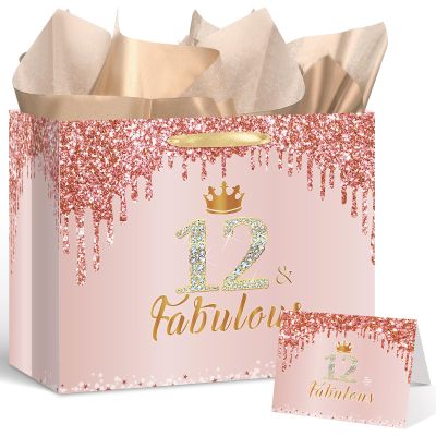 Yoirrat Rose Gold 12 & Fabulous 12th Birthday Gift Bag for Girls Large Pink Happy 12th Birthday Gift Bag with Wrapping Paper and Card for 12th Bday Decorations Party Supplies