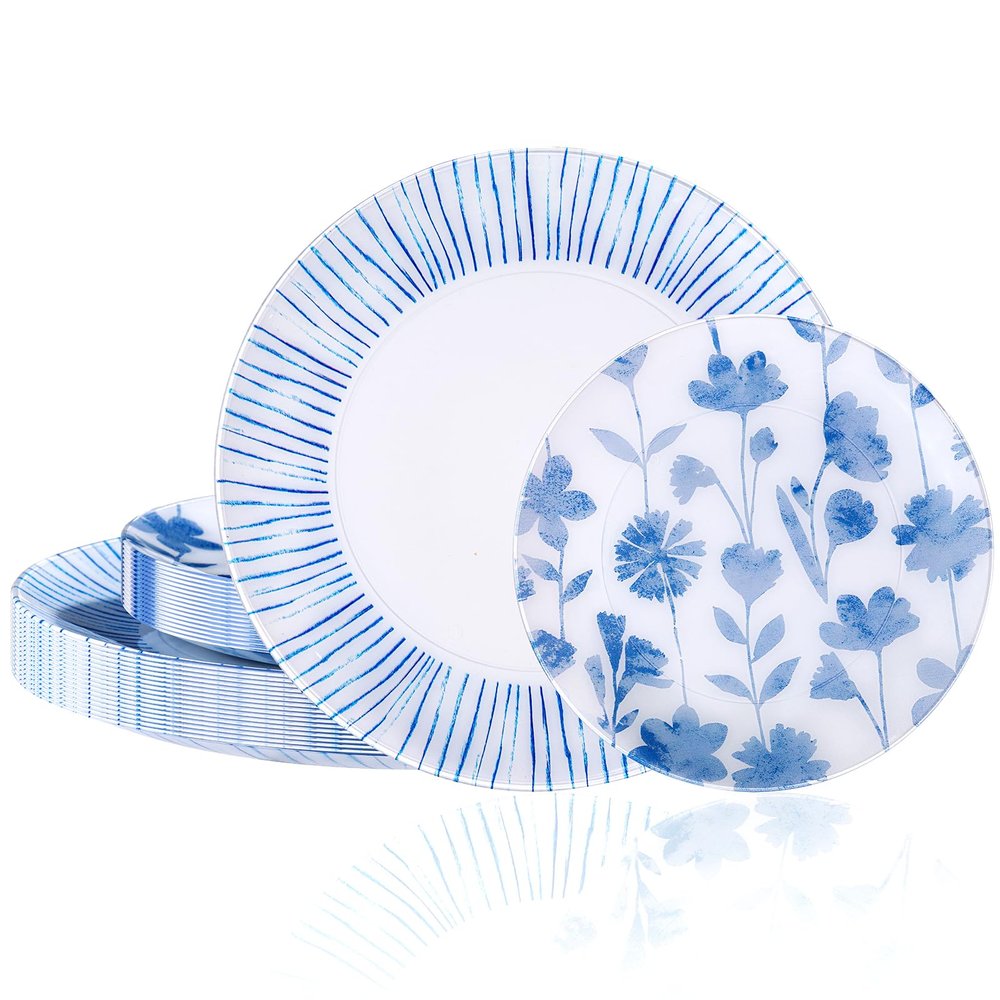 U-QE 20Pcs Blue Plastic Plates - Botanical Stripes Plates Disposable