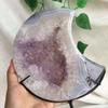 1.1kg Agate with Amethyst Geode Cluster Moon Shaped Druzy Quartz Crystal Stone Specimen Home Decoration with Metal Stand view 2