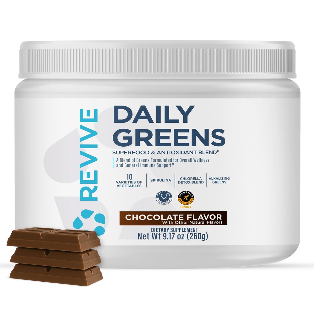Revive MD Daily Greens Powder, Chocolate Superfood & Antioxidant Blend for Energy, Gut Health & Immunity Greens Supplement with Vitamins, Minerals, Digestive Enzymes & Probiotics (20 Servings)