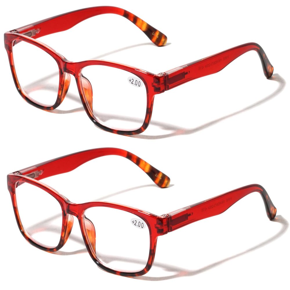 V.W.E. 2 Pairs of Stylish Classic Rectangle Reader With Spring Hinges Women Half Translucent Tortoise Reading Glasses (Red, 1.25, x)