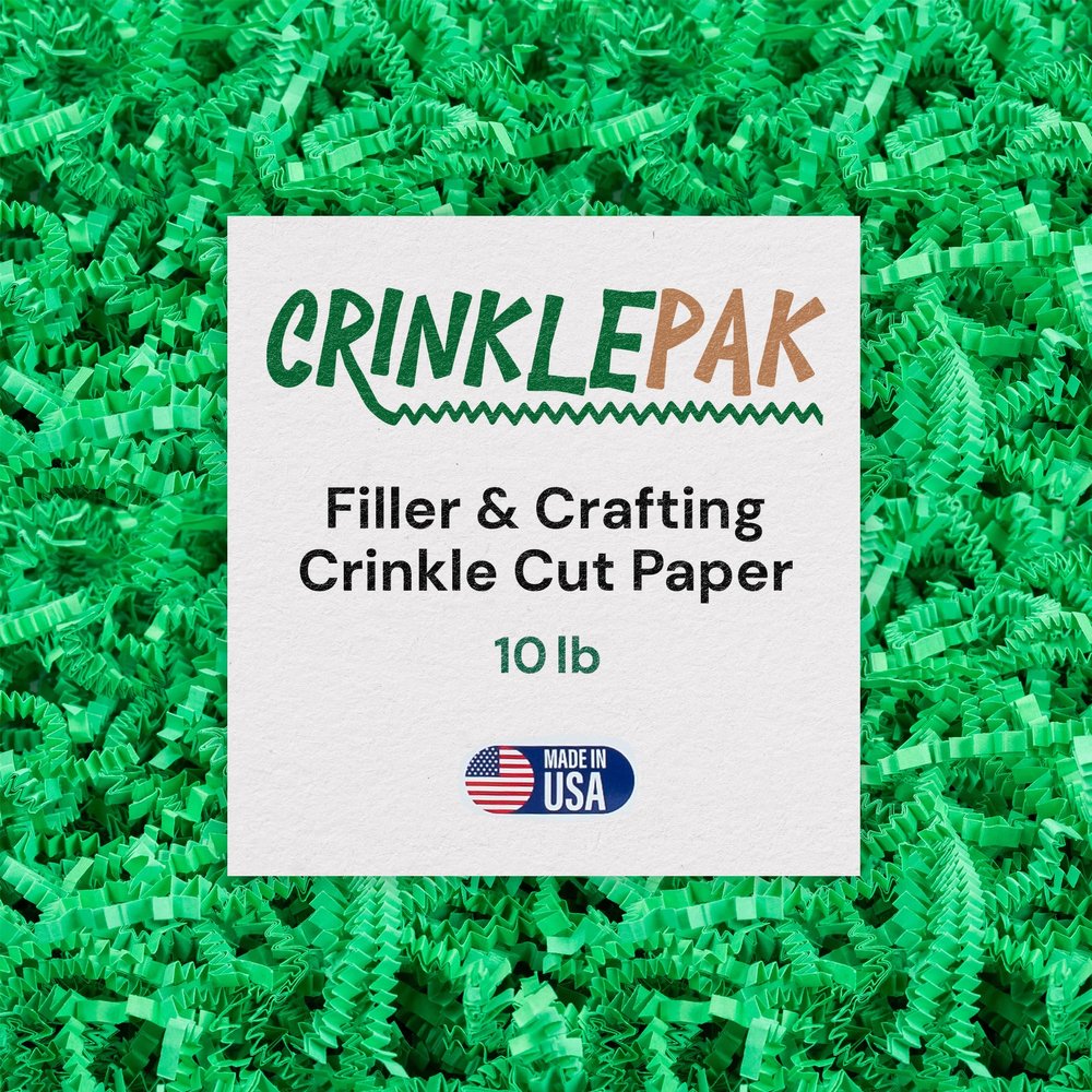 Crinklepak 10LB USA Made Green Crinkle Paper Filler | Great Shredded Paper For Gift Baskets, Shipping Packages, Gift Box Filler, Basket Filler, Birthdays, Weddings, Anniversaries | Green Crinkle Shred