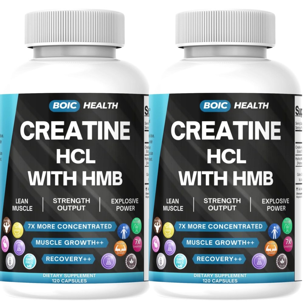 BOIC Creatine HCL + HMB Capsules 1250mg Creatine Hydrochloride & 410mg HMB per Serving Ultra-Pure Strength & Performance Formula No Bloating, Highly Soluble 120 Capsules (Pack of 2)