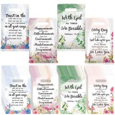 Yinder 200 Pcs Christian Gift Bags with Handles for Women Religious Plastic Bag with Bible Verse Bulk for Church Religious Christian Gifts Inspirational Flower Pouches for Women Party Favor Church