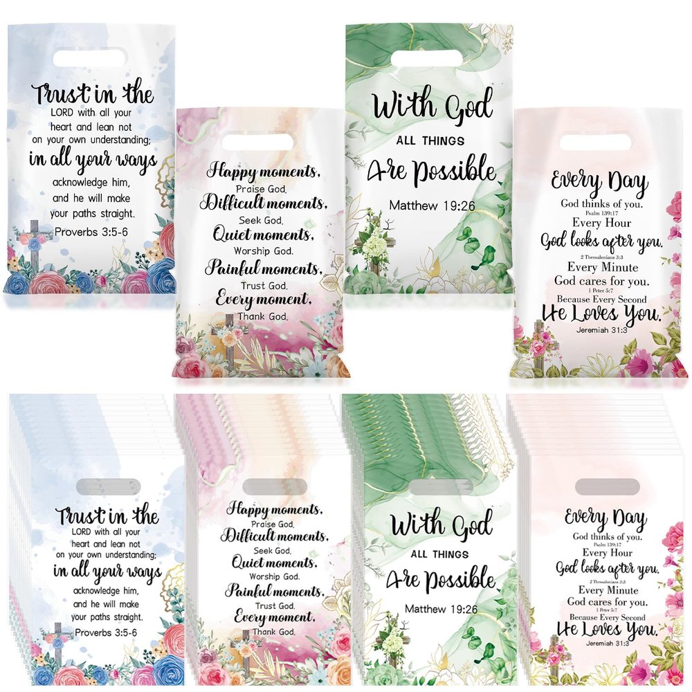 Yinder 200 Pcs Christian Gift Bags with Handles for Women Religious Plastic Bag with Bible Verse Bulk for Church Religious Christian Gifts Inspirational Flower Pouches for Women Party Favor Church