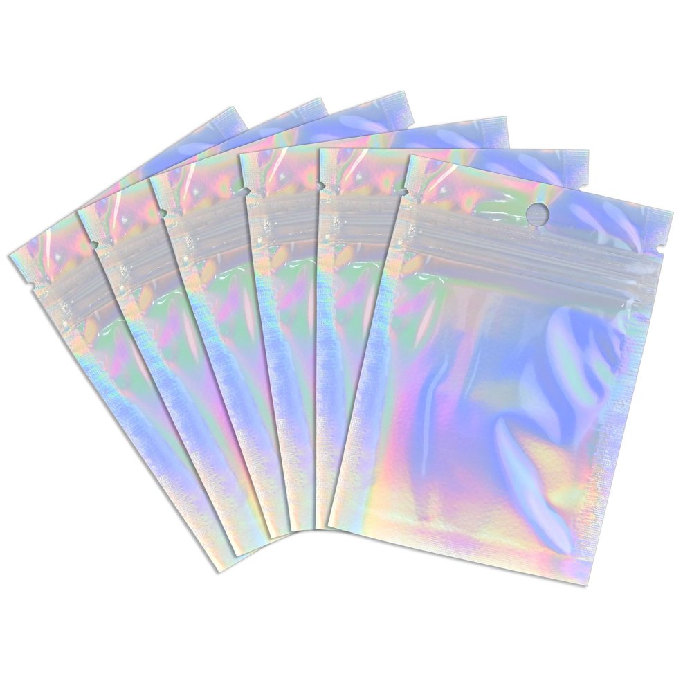 100 Pack Holographic Resealable Plastic Bags for Food Storage, Zipper Bags with Clear Front Window, Packaging Pouch for Small Business (100 Pack, 2.8x4 inch)