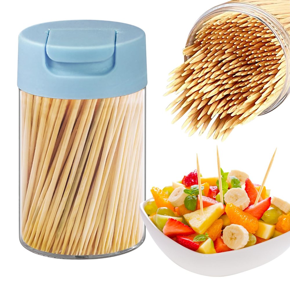 5 Pack Double-Point Bamboo Toothpicks - with Reusable Toothpick Holder, for Party, Appetizer, Olive, Barbecue, Fruit and Teeth Cleaning (Blue)