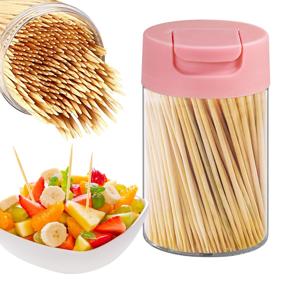 5 Pack Double-Point Bamboo Toothpicks - with Reusable Toothpick Holder, for Party, Appetizer, Olive, Barbecue, Fruit and Teeth Cleaning (Pink)