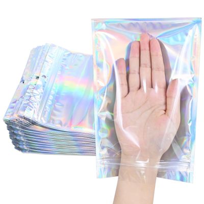 100 Pack Holographic Resealable Plastic Bags for Food Storage, Zipper Bags with Clear Front Window, Packaging Pouch for Small Business (100 Pack, 4.8x8 inch)