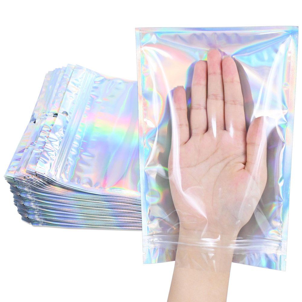 100 Pack Holographic Resealable Plastic Bags for Food Storage, Zipper Bags with Clear Front Window, Packaging Pouch for Small Business (100 Pack, 4.8x8 inch)