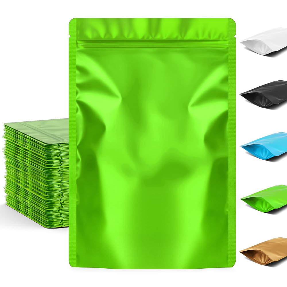 FUNFERY Stand Up Mylar Resealable Bags for Food Storage-Green 4.7x7.9 inch