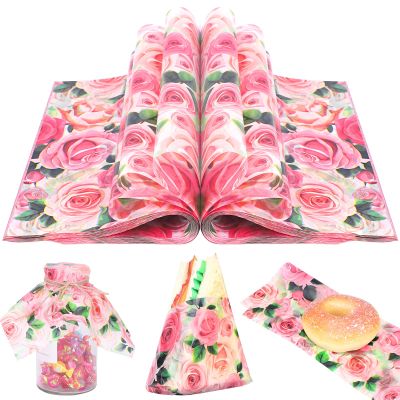 150 Sheets Rose Food Wax Paper, 9.8x8.3in Watercolor Floral Pattern Grease Proof Sandwich Wrap Paper for Birthdays, Wedding, Baby Shower Home Kitchen Food Decor (Pink)
